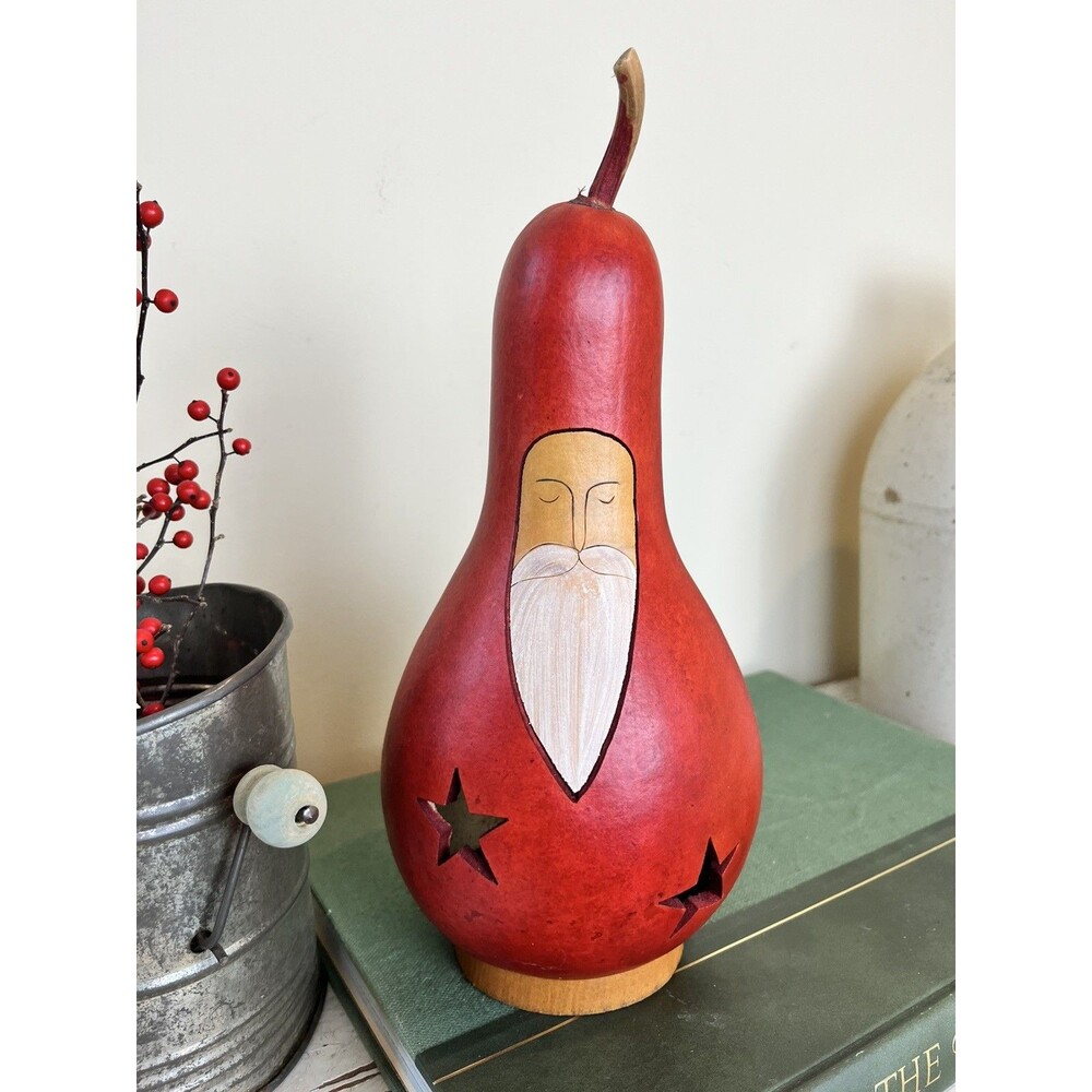 Vintage Old Saint Nick Hand Painted Gourd Christmas Folk Art / Holiday Decor